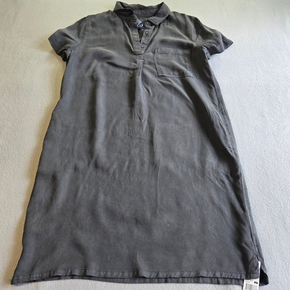 GAP Shirt Dress Womens Medium Gray Short Sleeve Lyocell Collared Pockets NEW
